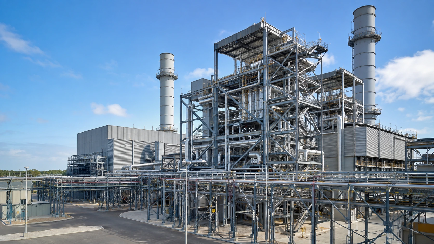 AI concept of a power plant with braced steel frames and pipe bridges